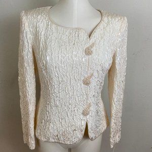 Vintage 80s Damasio Embroidery Beige with Sequence Buttons Cocktail Dress